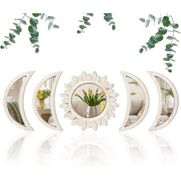 Moon Phase Mirror Wall Decor Set Boho Wood Acrylic Sunburst Bedroom Art 5PC